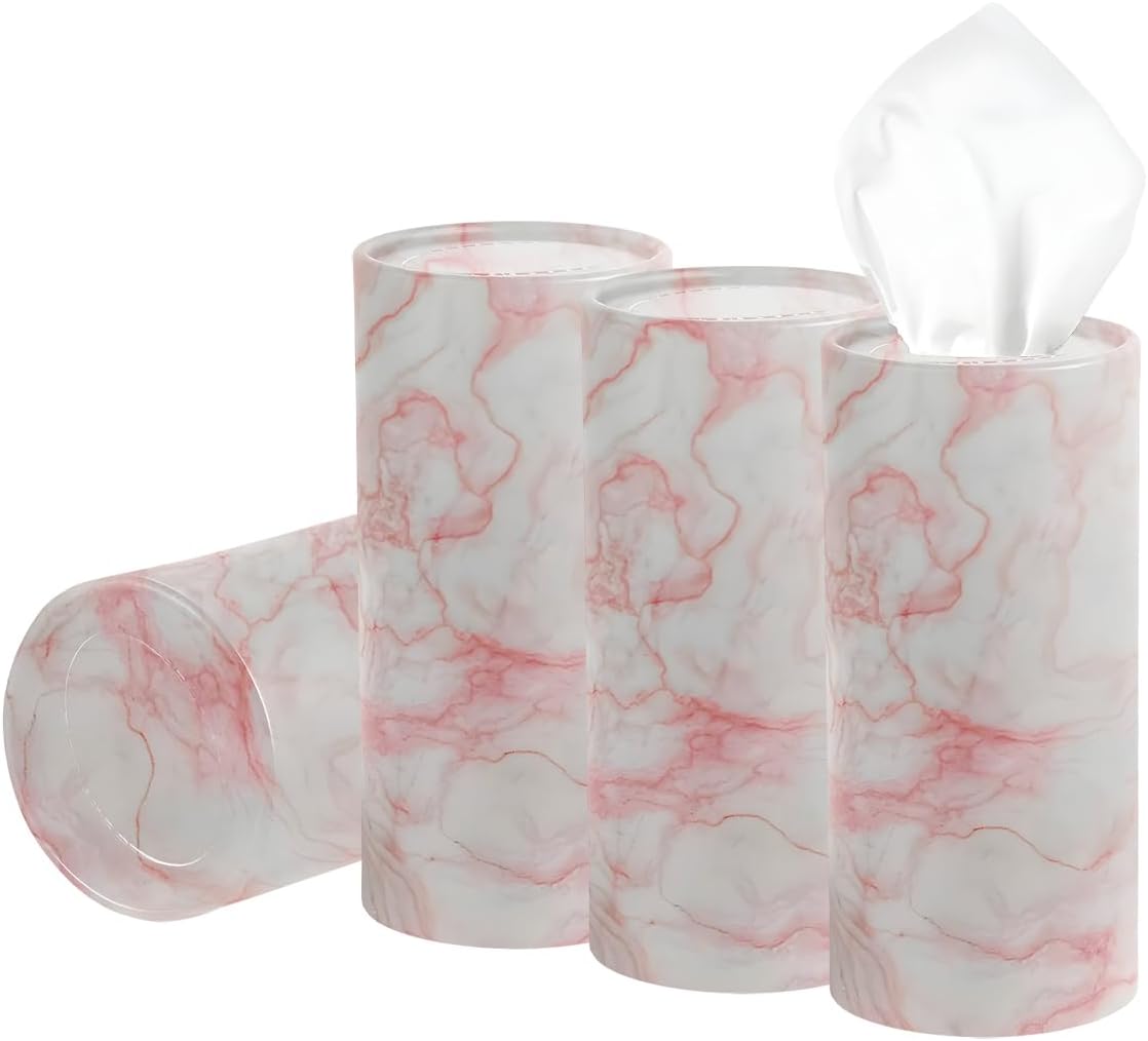 4 PCS Car Tissue Holder, Refillable Auto Cup Holder Round Napkin Container with Facial Tissues, Portable Tissue Box Paper Towel Cylinder for Most Vehicles, Car Accessories (Marble Pink)