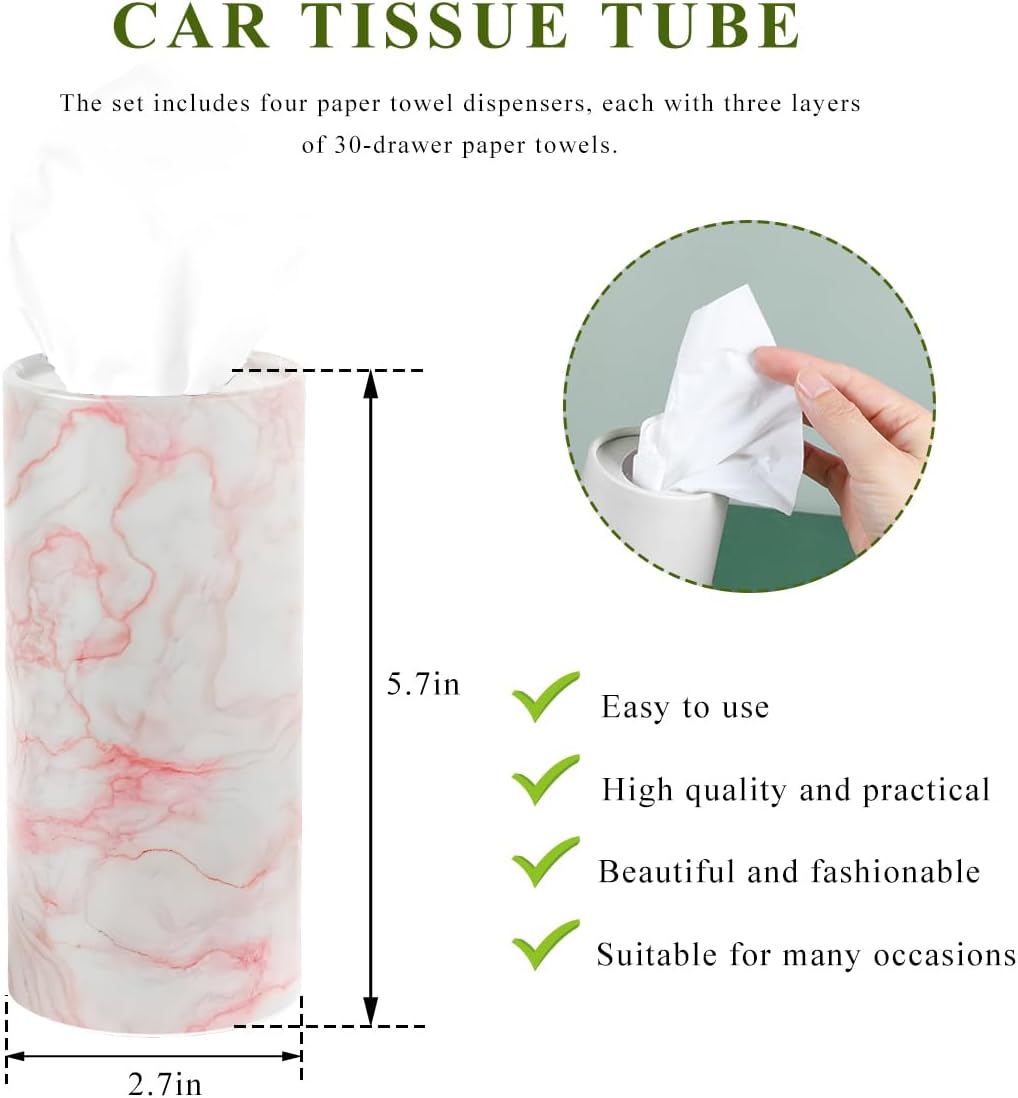 4 PCS Car Tissue Holder, Refillable Auto Cup Holder Round Napkin Container with Facial Tissues, Portable Tissue Box Paper Towel Cylinder for Most Vehicles, Car Accessories (Marble Pink)