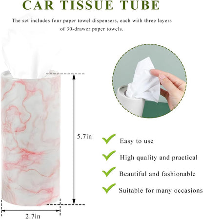 4 PCS Car Tissue Holder, Refillable Auto Cup Holder Round Napkin Container with Facial Tissues, Portable Tissue Box Paper Towel Cylinder for Most Vehicles, Car Accessories (Marble Pink)