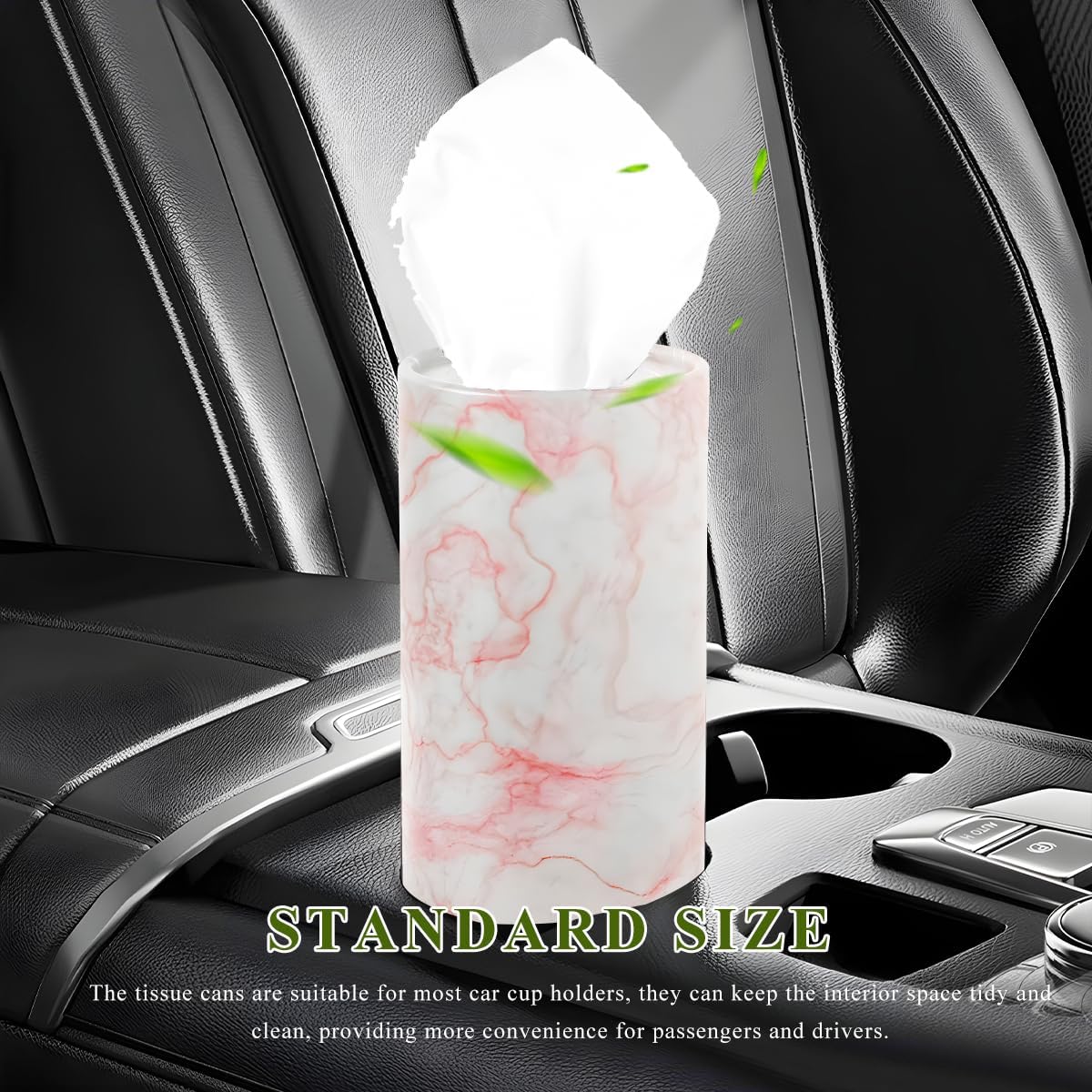 4 PCS Car Tissue Holder, Refillable Auto Cup Holder Round Napkin Container with Facial Tissues, Portable Tissue Box Paper Towel Cylinder for Most Vehicles, Car Accessories (Marble Pink)