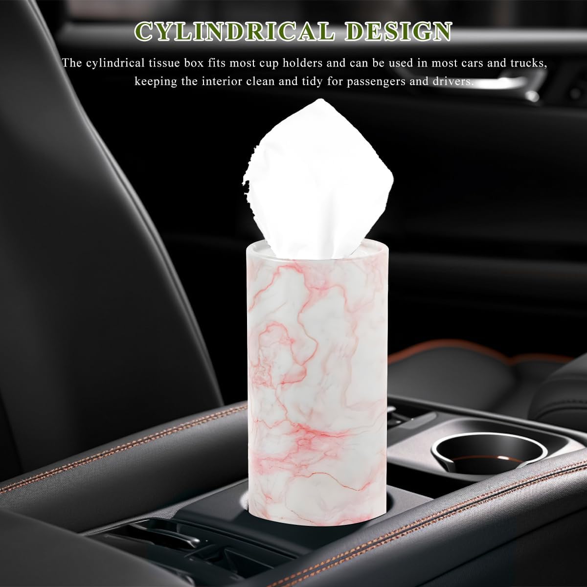 4 PCS Car Tissue Holder, Refillable Auto Cup Holder Round Napkin Container with Facial Tissues, Portable Tissue Box Paper Towel Cylinder for Most Vehicles, Car Accessories (Marble Pink)