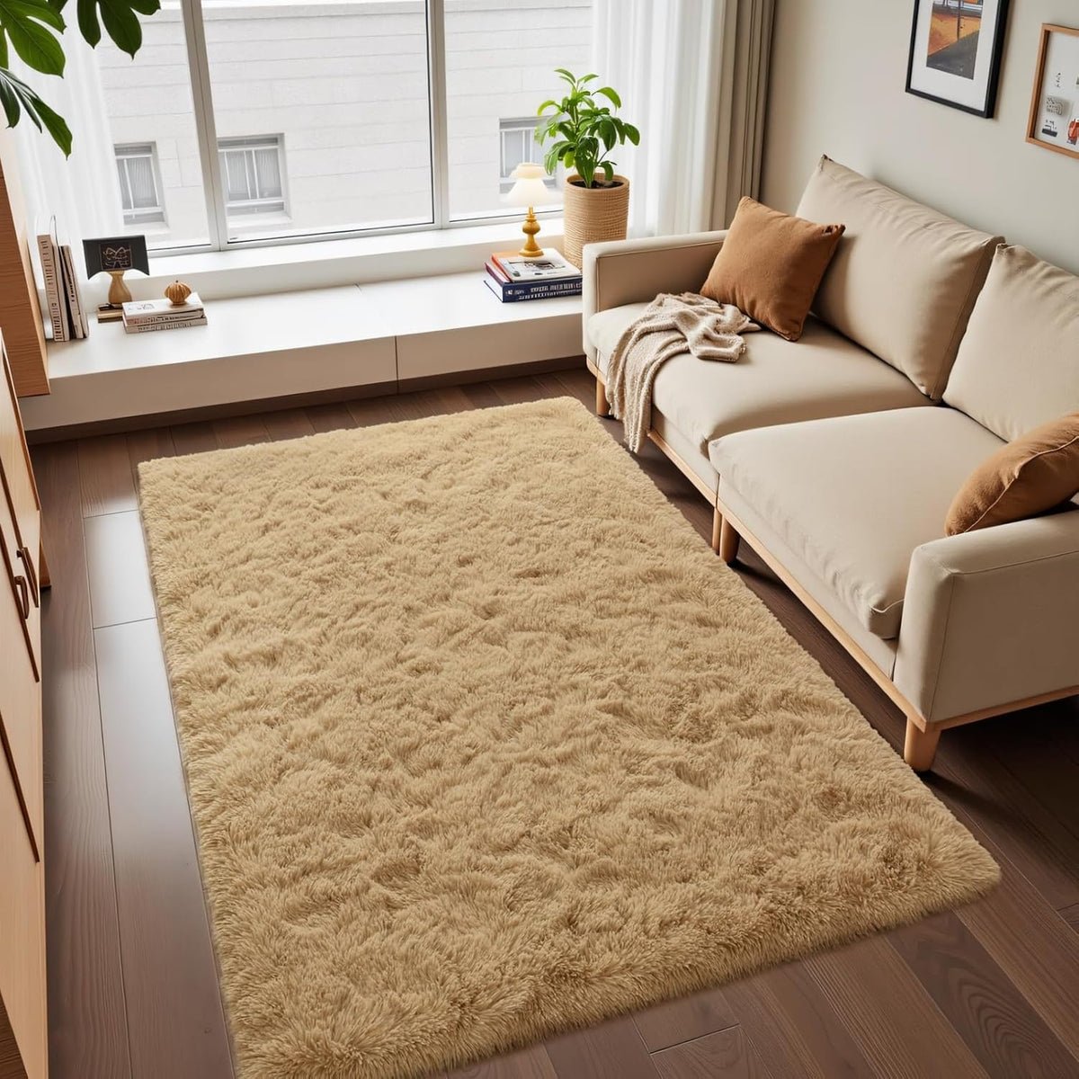 Fluffy Area Rugs for Bedroom Decor Aesthetic, 3x5 Beige Shag Rug with Non-Slip Dots for Living Room, Fuzzy Plush Carpet Washable Rug Modern Home Decor for Kids Nursery Girls Room Office