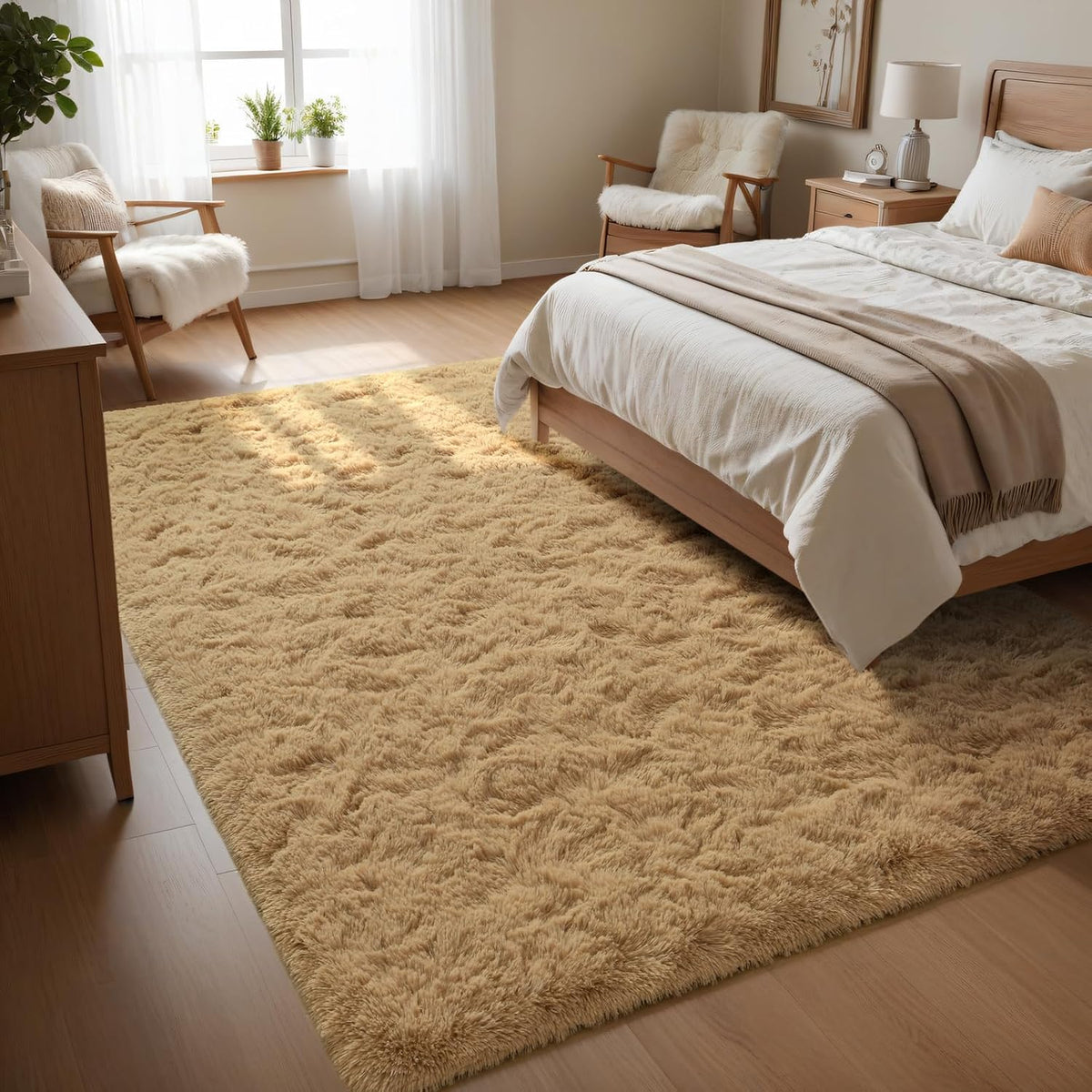 Fluffy Area Rugs for Bedroom Decor Aesthetic, 3x5 Beige Shag Rug with Non-Slip Dots for Living Room, Fuzzy Plush Carpet Washable Rug Modern Home Decor for Kids Nursery Girls Room Office