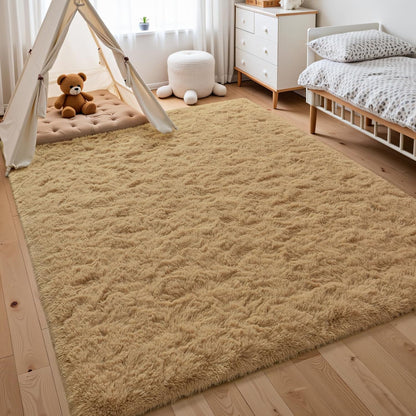 Fluffy Area Rugs for Bedroom Decor Aesthetic, 3x5 Beige Shag Rug with Non-Slip Dots for Living Room, Fuzzy Plush Carpet Washable Rug Modern Home Decor for Kids Nursery Girls Room Office