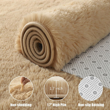 Fluffy Area Rugs for Bedroom Decor Aesthetic, 3x5 Beige Shag Rug with Non-Slip Dots for Living Room, Fuzzy Plush Carpet Washable Rug Modern Home Decor for Kids Nursery Girls Room Office