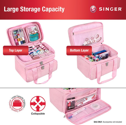 Sewing Accessories Organizer (Bag Only) – Double Layer Portable Sewing Storage Bag | 2 Detachable Pouches and 18 Compartments, Large Sewing Supplies & Crafting Carry-all (Pink)