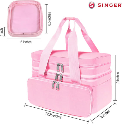 Sewing Accessories Organizer (Bag Only) – Double Layer Portable Sewing Storage Bag | 2 Detachable Pouches and 18 Compartments, Large Sewing Supplies & Crafting Carry-all (Pink)