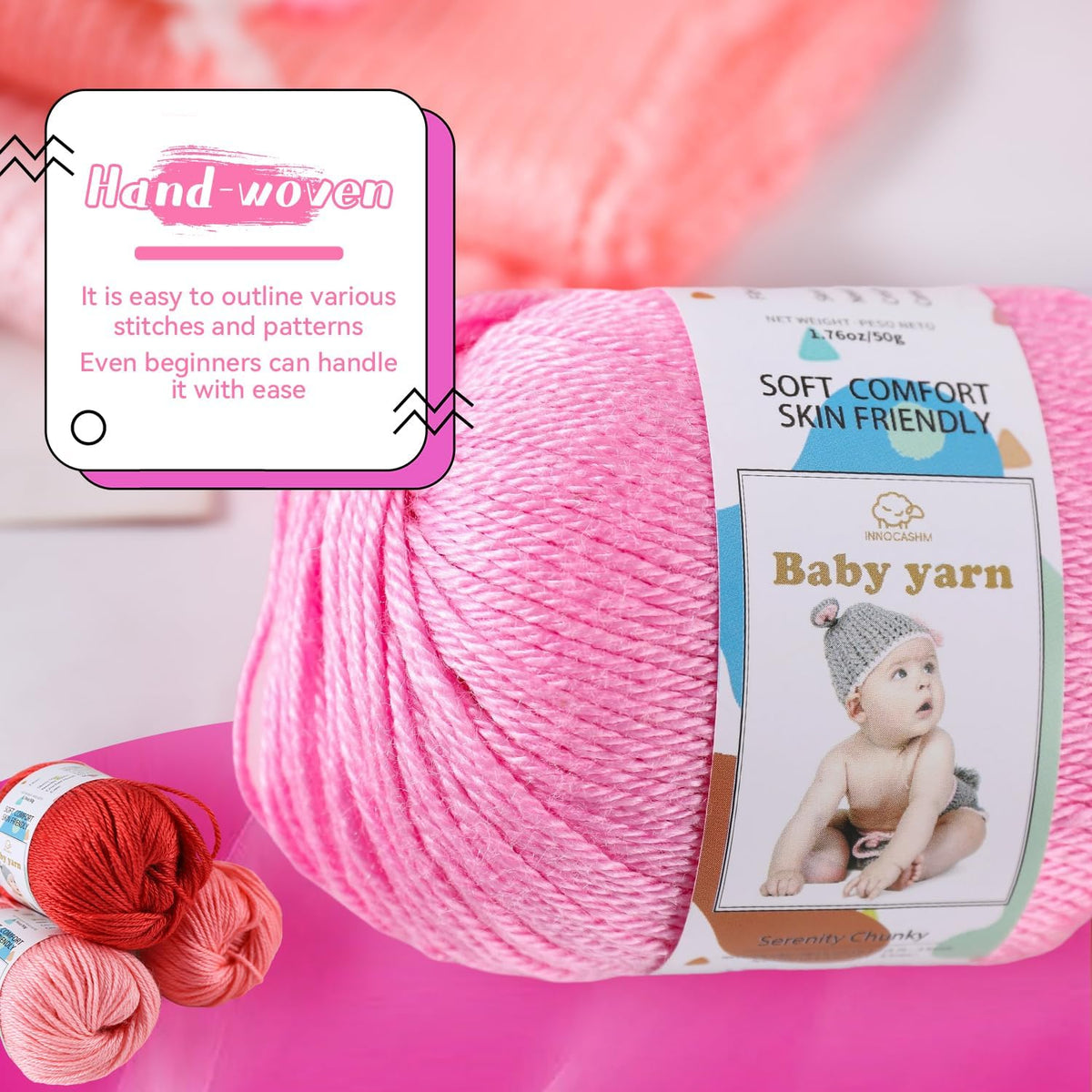 Merino Wool Blend Baby Yarn - Soft Feel Crochet Yarn for Beginners & Newborns - 50g/160 Yards per Ball (2-Ball Pack) (Peach Pink)