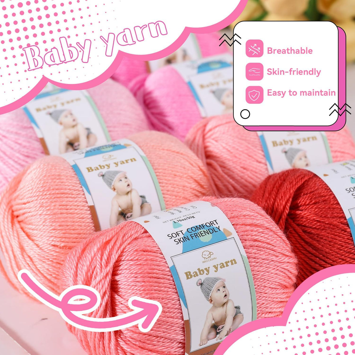 Merino Wool Blend Baby Yarn - Soft Feel Crochet Yarn for Beginners & Newborns - 50g/160 Yards per Ball (2-Ball Pack) (Peach Pink)