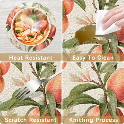 Peach Pattern Table Mats Set of 4 Circle 12.6" Reusable Round Dish Mats for Wedding Circular Placemats for Kitchen Holiday Braided Place Mats Home Party Dining Decor Protected Table