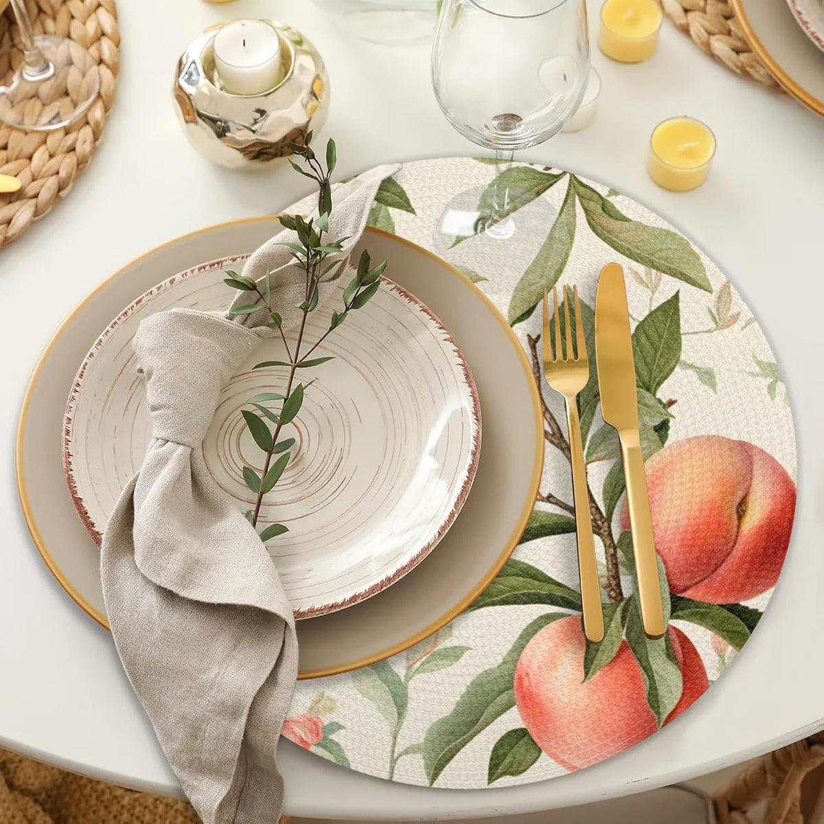 Peach Pattern Table Mats Set of 4 Circle 12.6" Reusable Round Dish Mats for Wedding Circular Placemats for Kitchen Holiday Braided Place Mats Home Party Dining Decor Protected Table