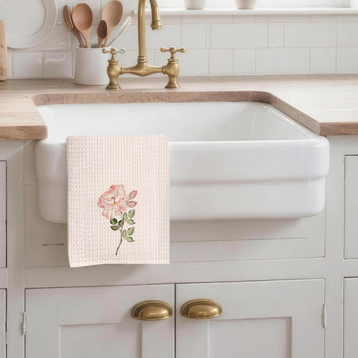 Pink Rose Floral Kitchen Towels 16x24 Inches, Blush Pink and White Striped Flower Botanical Decorative Hand Tea Dish Towels for Girls Bathroom Kitchen