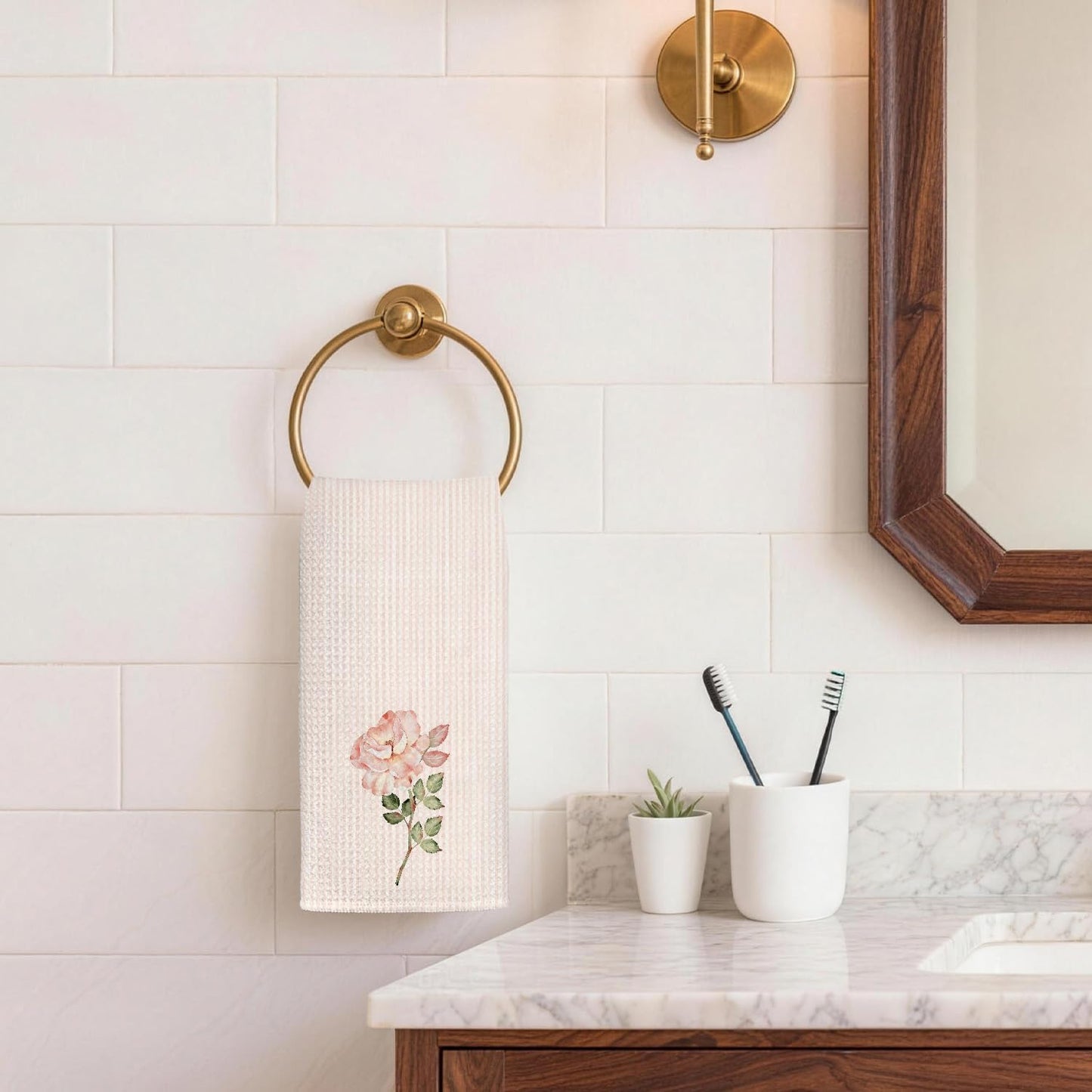 Pink Rose Floral Kitchen Towels 16x24 Inches, Blush Pink and White Striped Flower Botanical Decorative Hand Tea Dish Towels for Girls Bathroom Kitchen