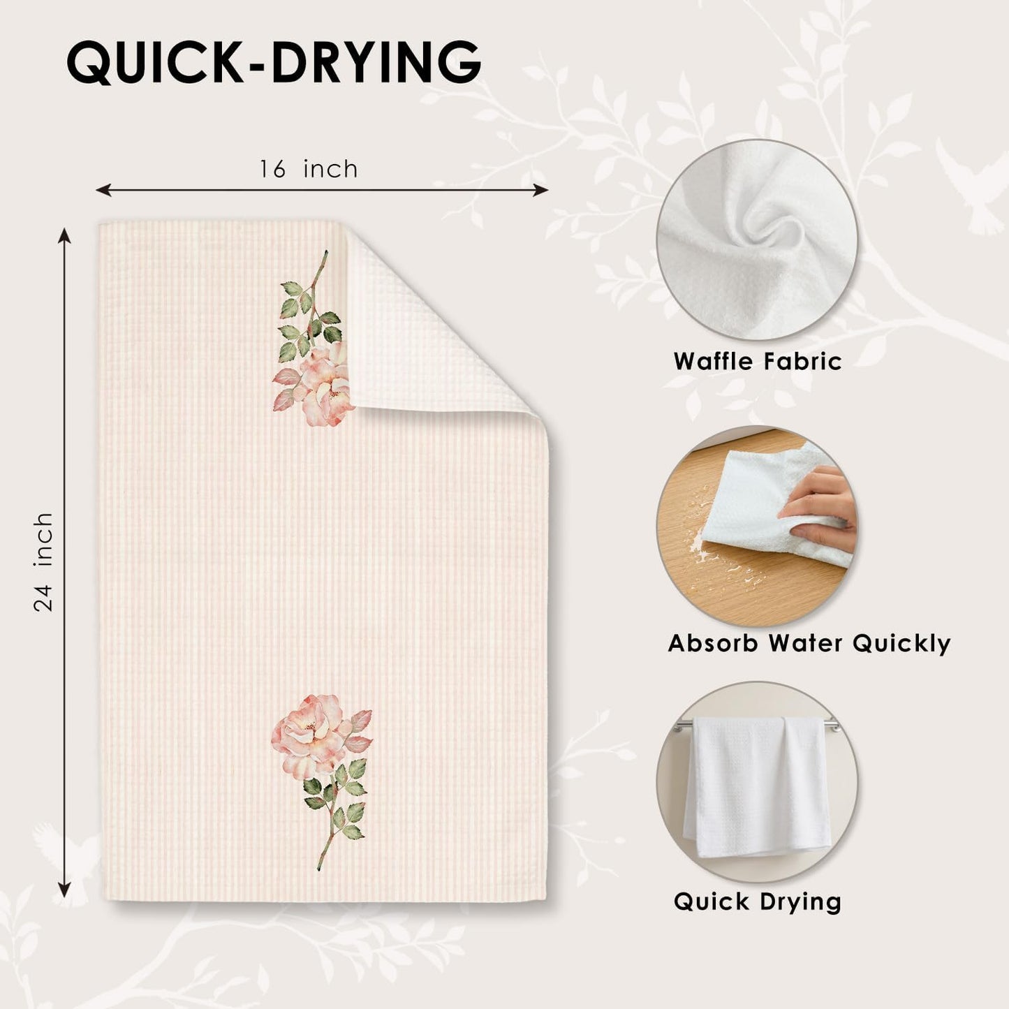 Pink Rose Floral Kitchen Towels 16x24 Inches, Blush Pink and White Striped Flower Botanical Decorative Hand Tea Dish Towels for Girls Bathroom Kitchen