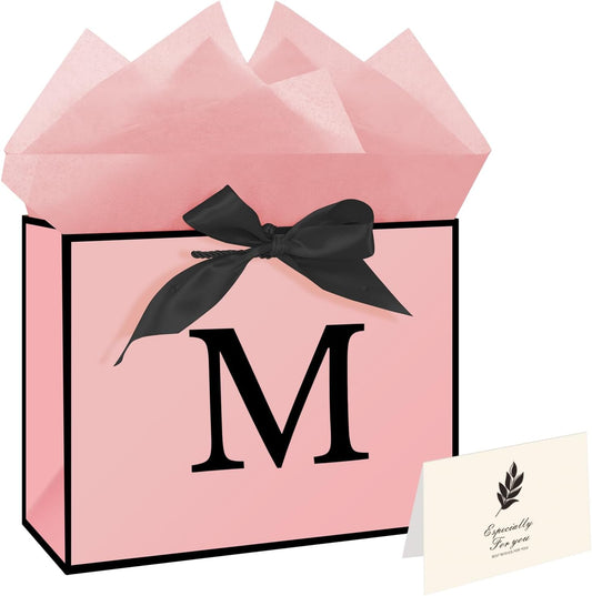 Personalized Initial M Gift Bags for Girls Women, 13" Pink Initial M Gift Bags for Birthday Wedding Holidays Party Decorations for Her Girls Women Daughter Granddaughter Friends Wife