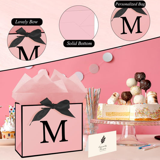 Personalized Initial M Gift Bags for Girls Women, 13" Pink Initial M Gift Bags for Birthday Wedding Holidays Party Decorations for Her Girls Women Daughter Granddaughter Friends Wife