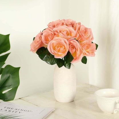 10-Inch Peach Velvet Rose Bouquet, 14-Head Soft Coral Faux Flowers for Summer Weddings, Baby Showers and Coastal Decor