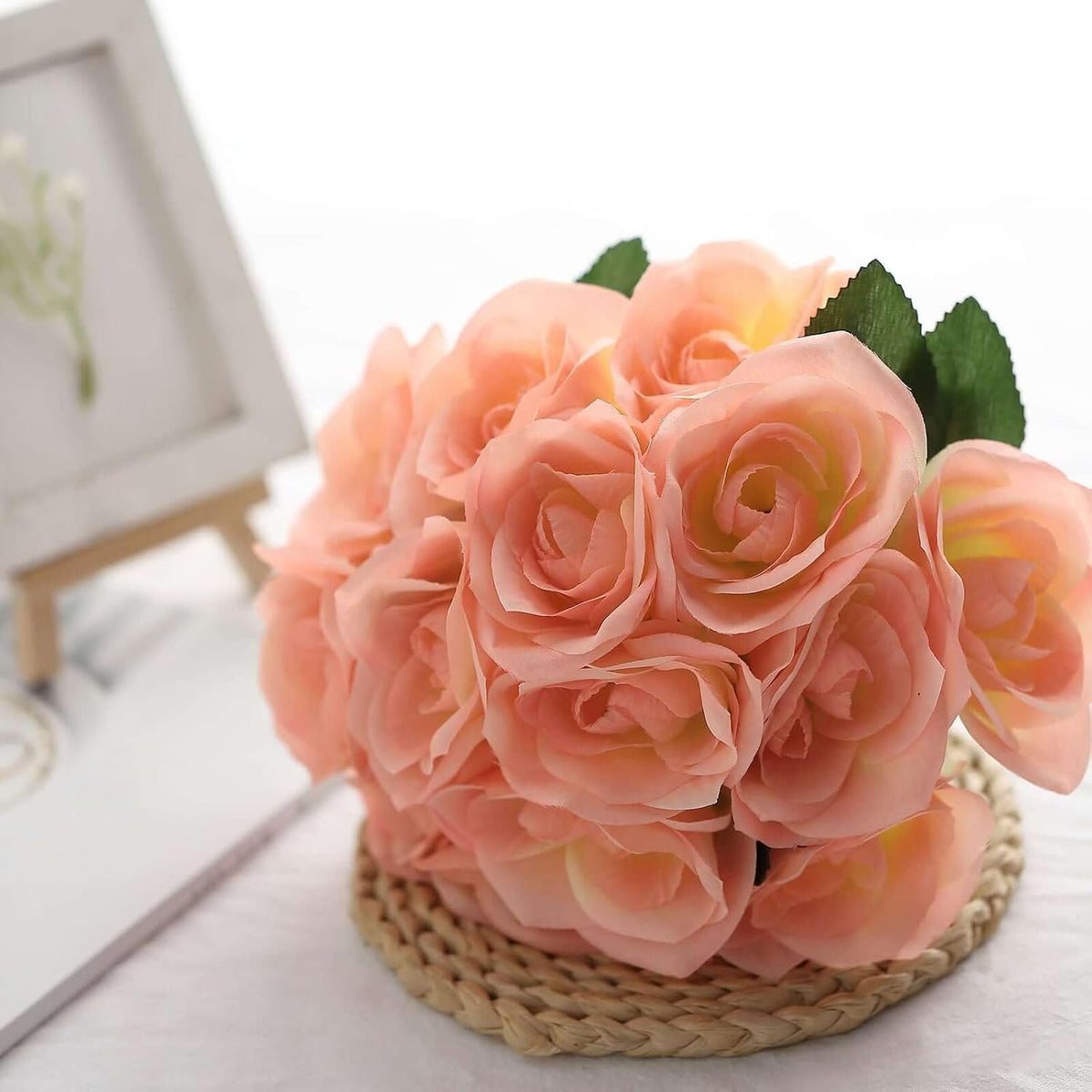 10-Inch Peach Velvet Rose Bouquet, 14-Head Soft Coral Faux Flowers for Summer Weddings, Baby Showers and Coastal Decor