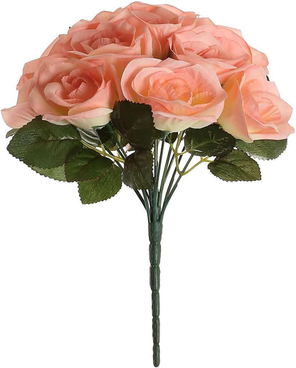 10-Inch Peach Velvet Rose Bouquet, 14-Head Soft Coral Faux Flowers for Summer Weddings, Baby Showers and Coastal Decor
