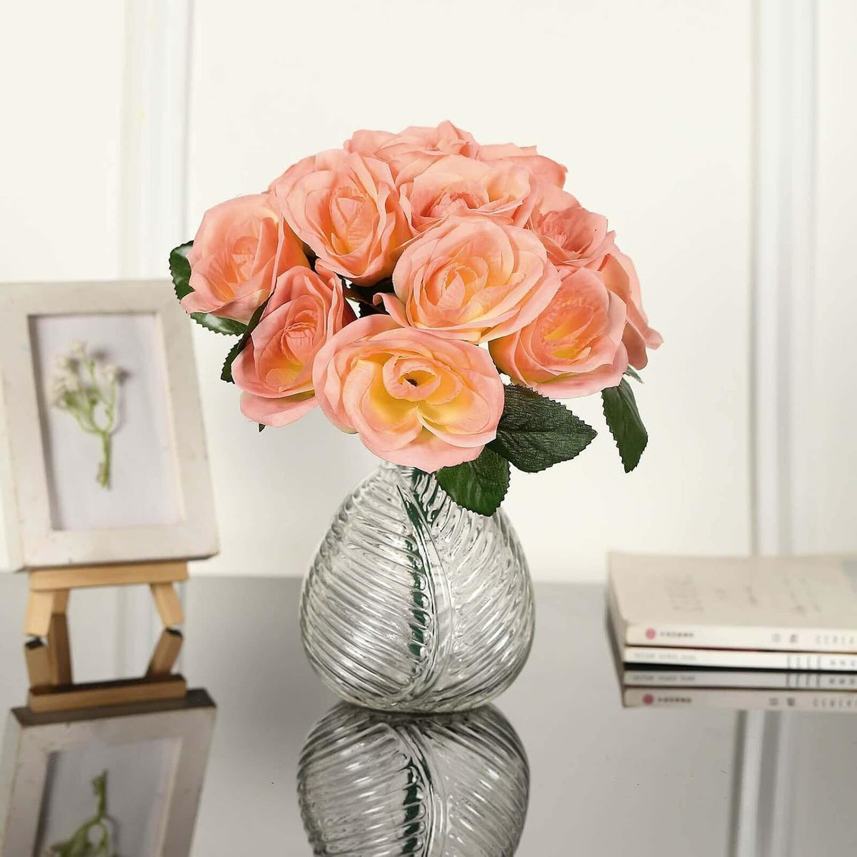 10-Inch Peach Velvet Rose Bouquet, 14-Head Soft Coral Faux Flowers for Summer Weddings, Baby Showers and Coastal Decor