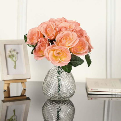 10-Inch Peach Velvet Rose Bouquet, 14-Head Soft Coral Faux Flowers for Summer Weddings, Baby Showers and Coastal Decor