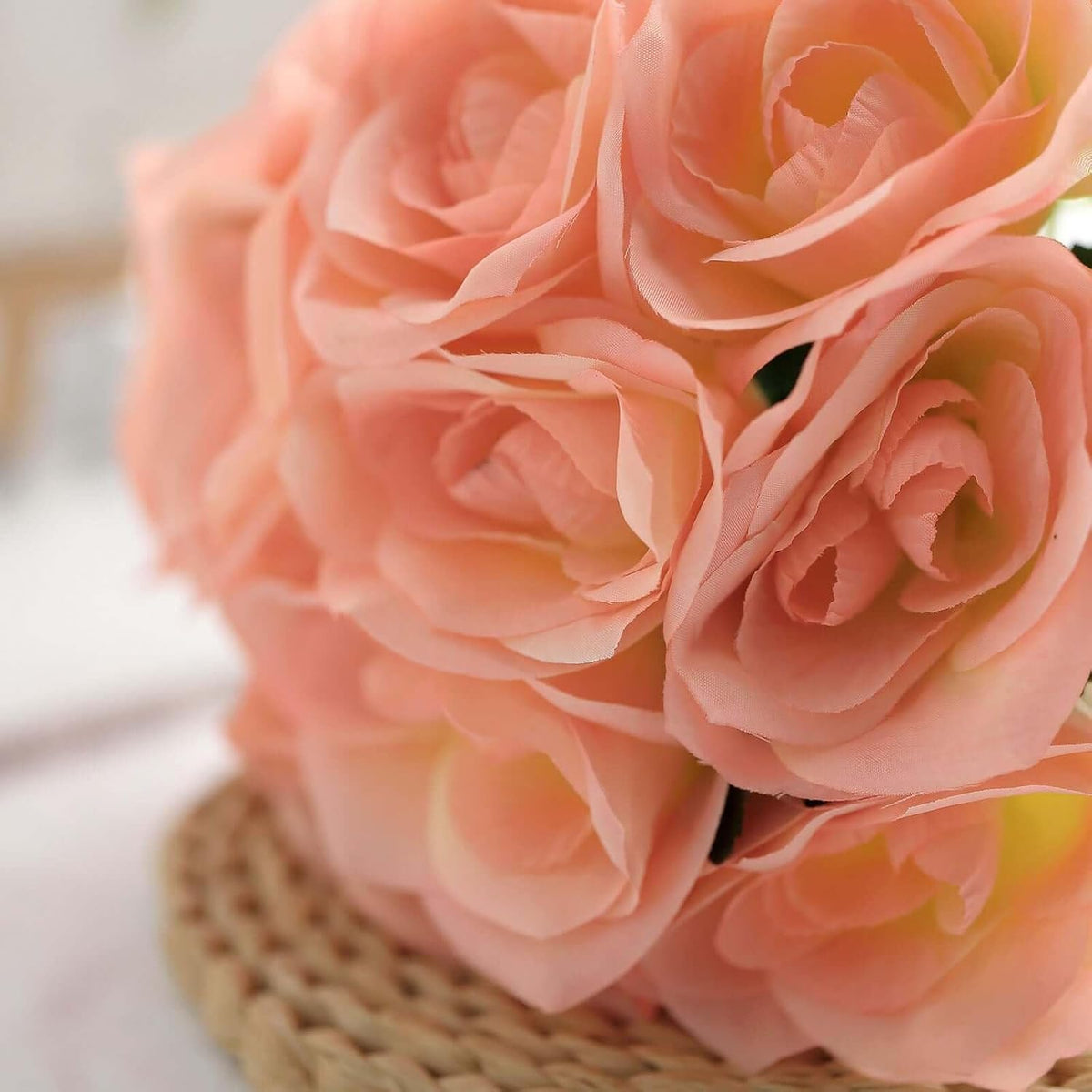 10-Inch Peach Velvet Rose Bouquet, 14-Head Soft Coral Faux Flowers for Summer Weddings, Baby Showers and Coastal Decor