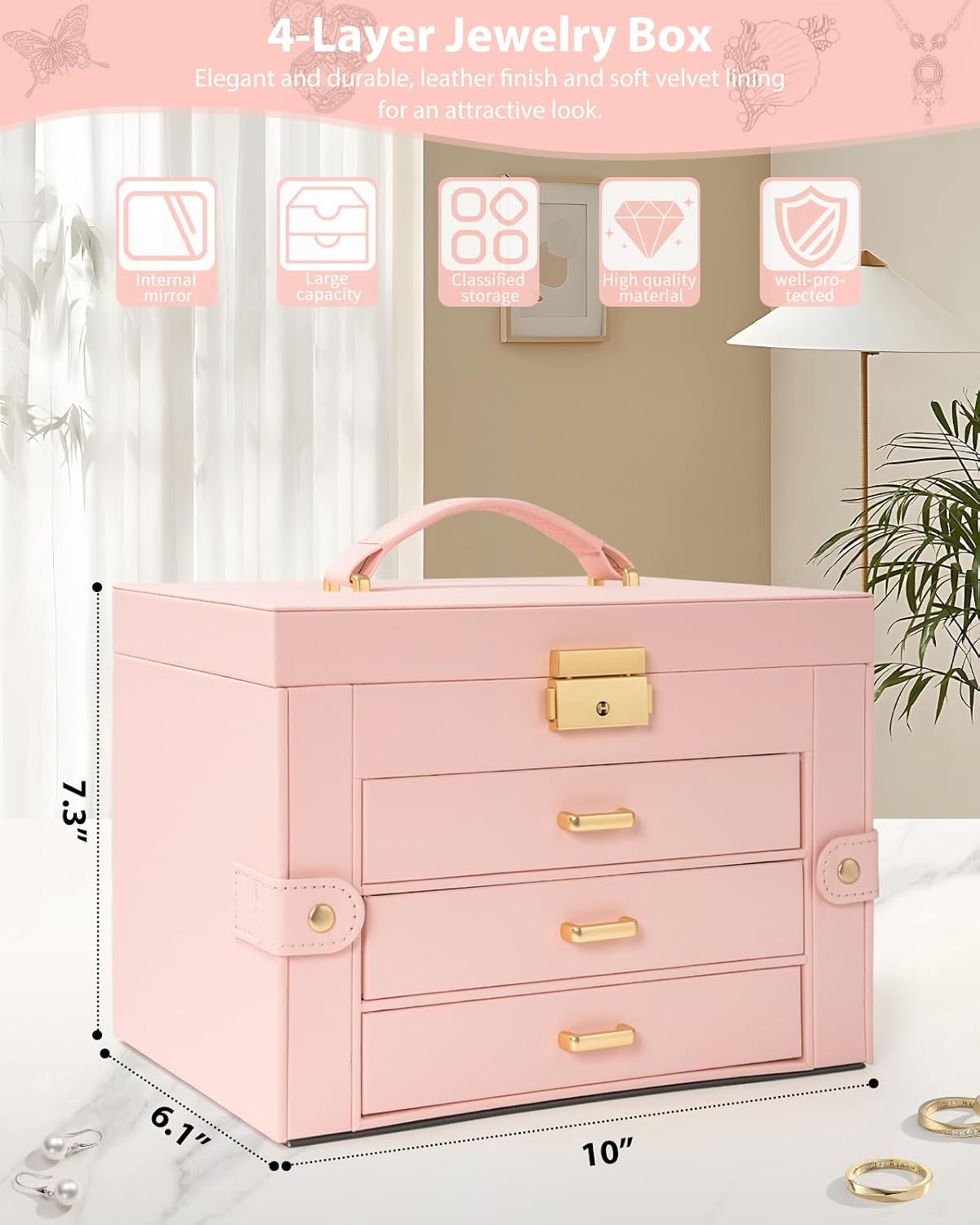 4-Tier Jewelry Box 3 Drawers Jewelry Storage Organizer Large