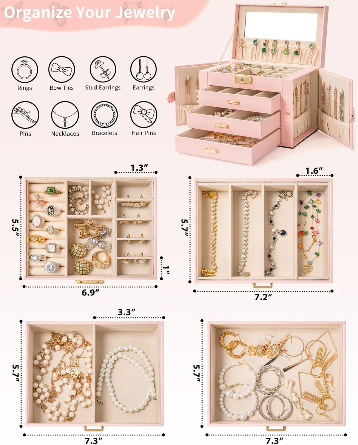4-Tier Jewelry Box 3 Drawers Jewelry Storage Organizer Large