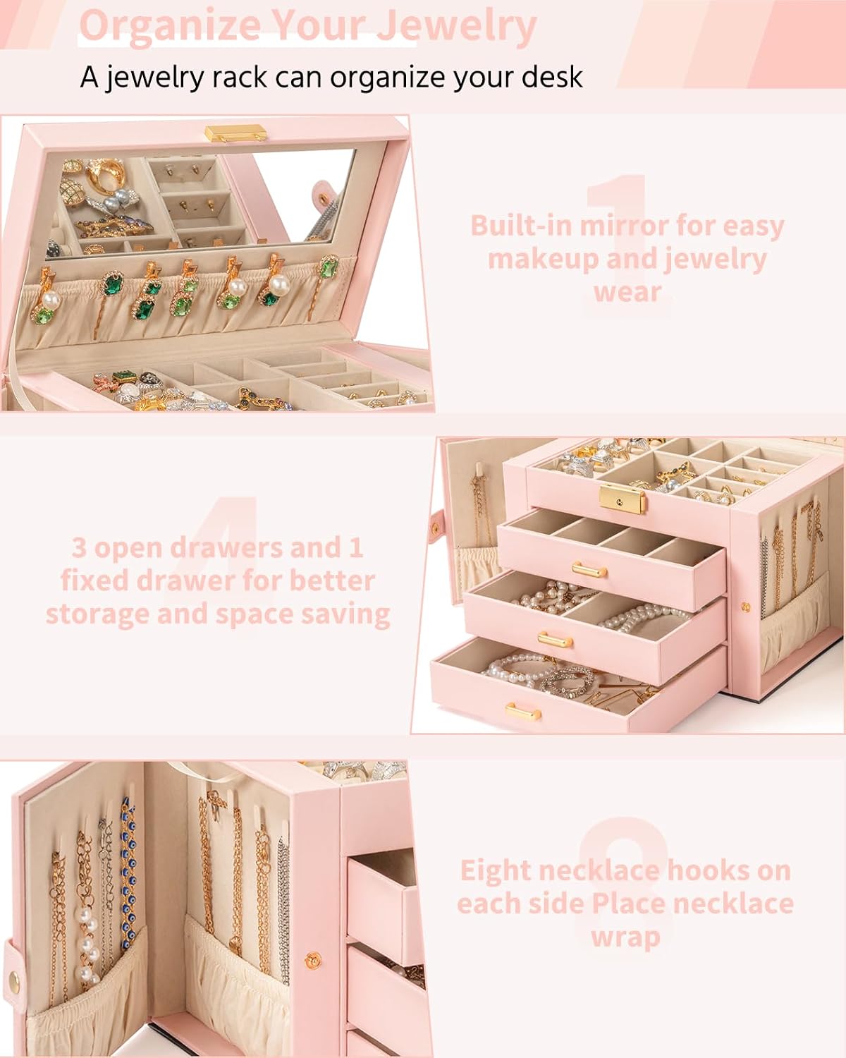 4-Tier Jewelry Box 3 Drawers Jewelry Storage Organizer Large