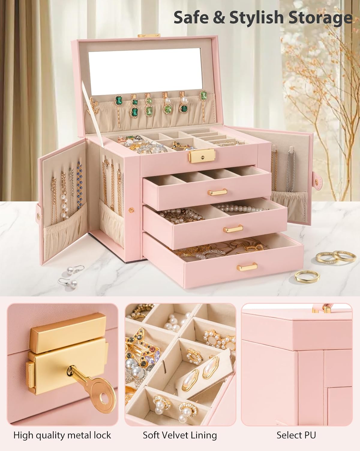 4-Tier Jewelry Box 3 Drawers Jewelry Storage Organizer Large