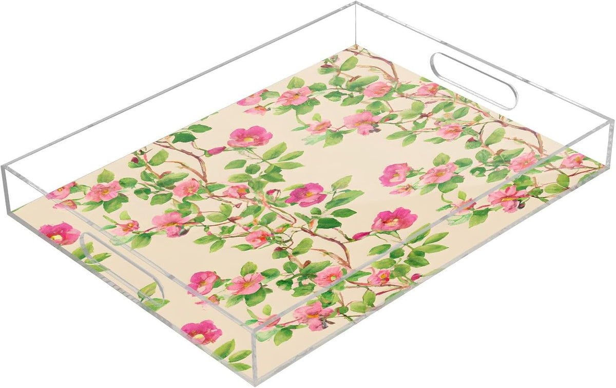 Pink Floral Leaves Serving Tray with Handles, 12x16 Inch Decorative Acrylic Tray Organizer, Multi-Purpose Sturdy Serving Platter for Coffee Table, Kitchen, Vanity, Nightstand