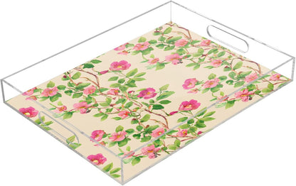 Pink Floral Leaves Serving Tray with Handles, 12x16 Inch Decorative Acrylic Tray Organizer, Multi-Purpose Sturdy Serving Platter for Coffee Table, Kitchen, Vanity, Nightstand