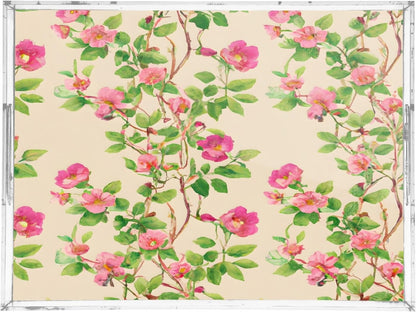 Pink Floral Leaves Serving Tray with Handles, 12x16 Inch Decorative Acrylic Tray Organizer, Multi-Purpose Sturdy Serving Platter for Coffee Table, Kitchen, Vanity, Nightstand