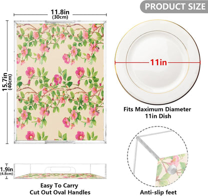 Pink Floral Leaves Serving Tray with Handles, 12x16 Inch Decorative Acrylic Tray Organizer, Multi-Purpose Sturdy Serving Platter for Coffee Table, Kitchen, Vanity, Nightstand