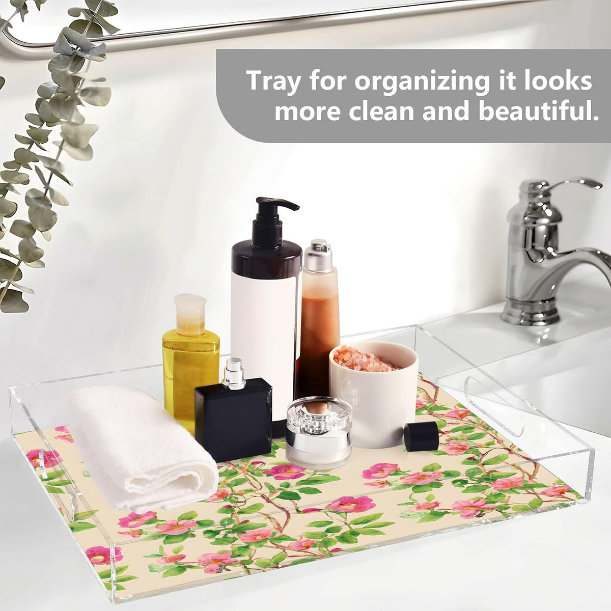 Pink Floral Leaves Serving Tray with Handles, 12x16 Inch Decorative Acrylic Tray Organizer, Multi-Purpose Sturdy Serving Platter for Coffee Table, Kitchen, Vanity, Nightstand