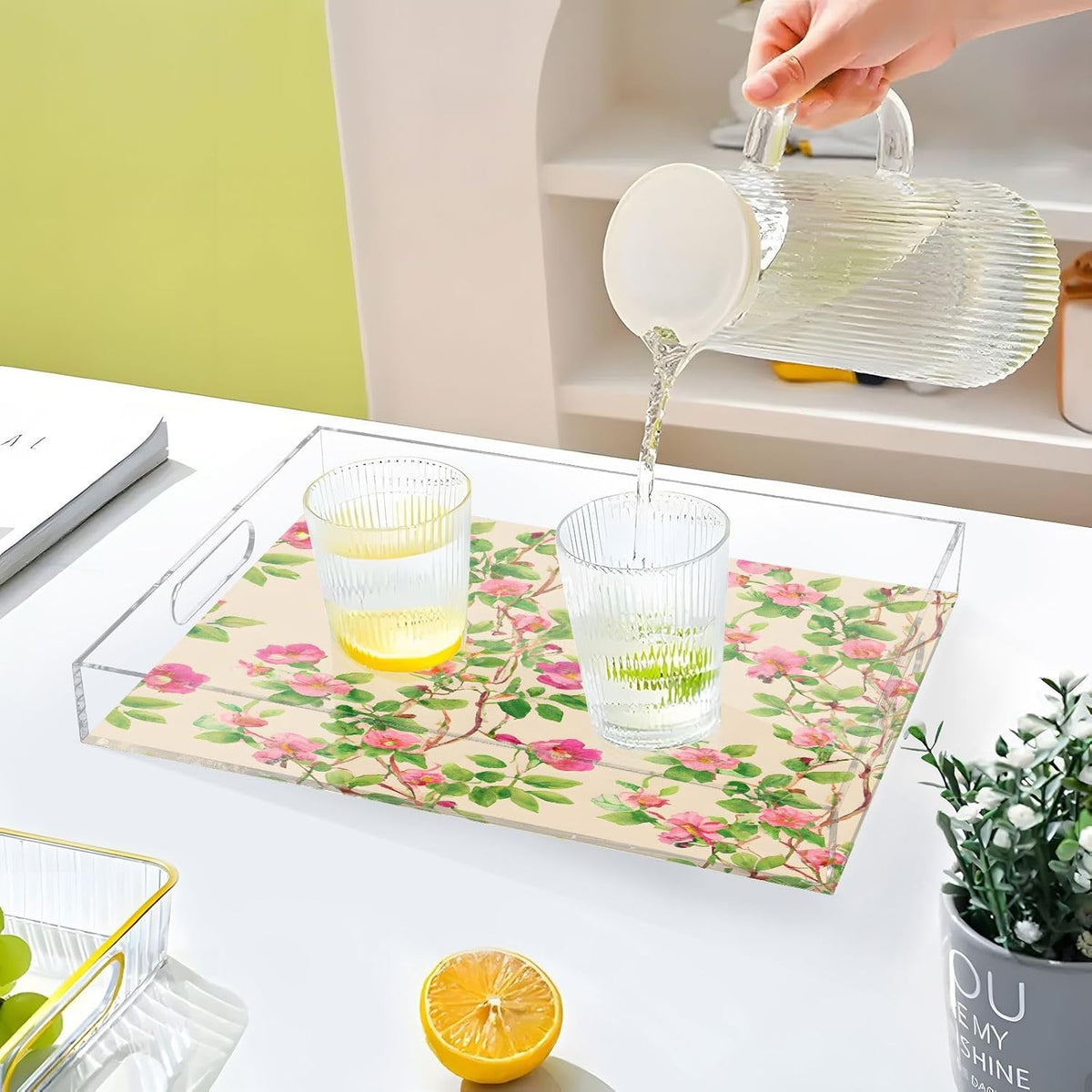Pink Floral Leaves Serving Tray with Handles, 12x16 Inch Decorative Acrylic Tray Organizer, Multi-Purpose Sturdy Serving Platter for Coffee Table, Kitchen, Vanity, Nightstand