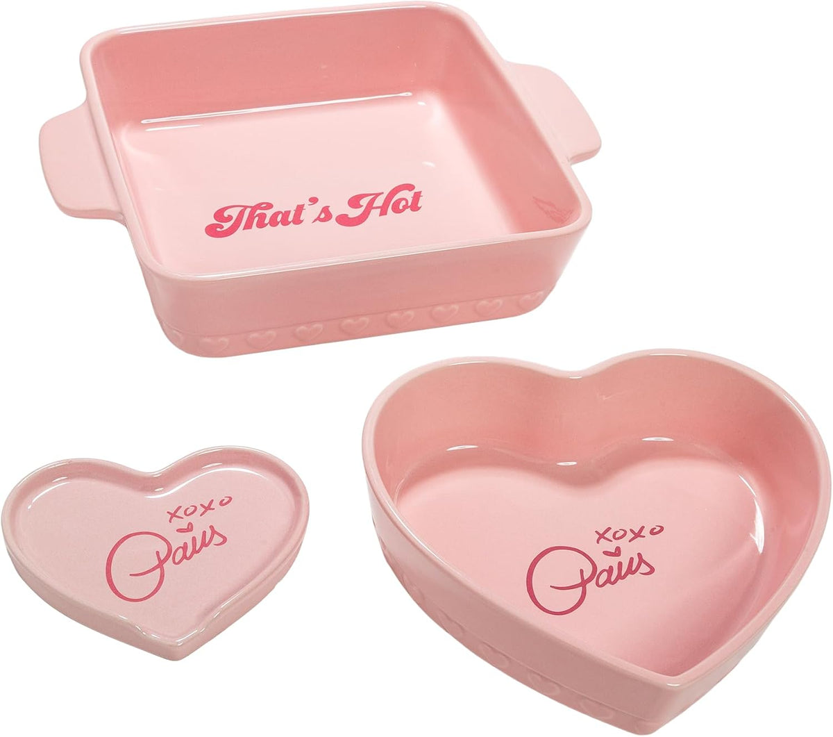 Paris Hilton 3-Piece Ceramic Baker Set, Iconic Stoneware with Square & Heart Bakers and Spoon Rest, Microwave/Oven/Freezer Safe, Durable Bakeware for Everyday Cooking & Serving, Pink