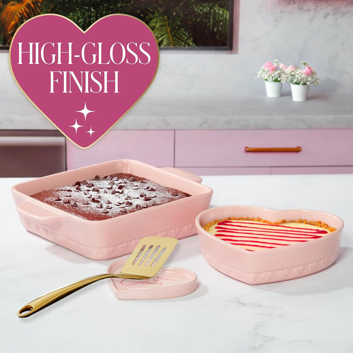 Paris Hilton 3-Piece Ceramic Baker Set, Iconic Stoneware with Square & Heart Bakers and Spoon Rest, Microwave/Oven/Freezer Safe, Durable Bakeware for Everyday Cooking & Serving, Pink