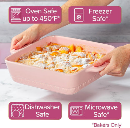 Paris Hilton 3-Piece Ceramic Baker Set, Iconic Stoneware with Square & Heart Bakers and Spoon Rest, Microwave/Oven/Freezer Safe, Durable Bakeware for Everyday Cooking & Serving, Pink