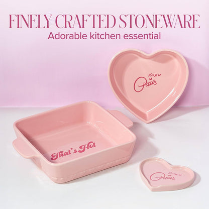 Paris Hilton 3-Piece Ceramic Baker Set, Iconic Stoneware with Square & Heart Bakers and Spoon Rest, Microwave/Oven/Freezer Safe, Durable Bakeware for Everyday Cooking & Serving, Pink