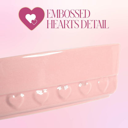 Paris Hilton 3-Piece Ceramic Baker Set, Iconic Stoneware with Square & Heart Bakers and Spoon Rest, Microwave/Oven/Freezer Safe, Durable Bakeware for Everyday Cooking & Serving, Pink