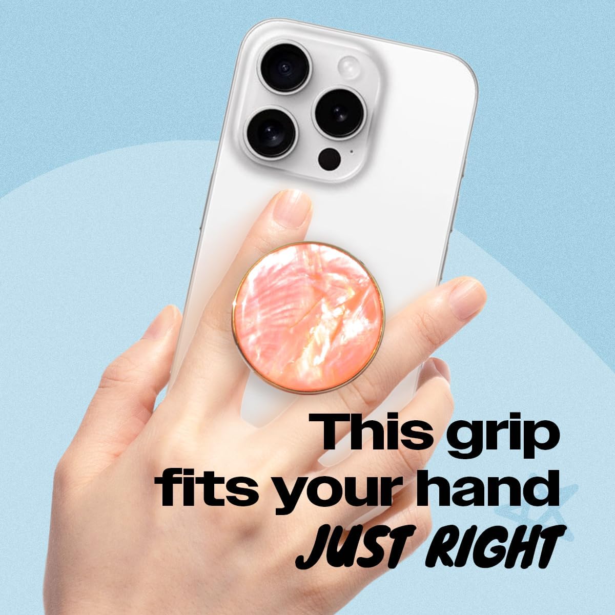 On The Grip Universal Phone Grip & Stand, Genuine Natural Gemstone/Seashell, Strong Adhesive Finger Holder, Collapsible Socket for iPhone, Samsung Galaxy, Kindle and Tablets (Peach)