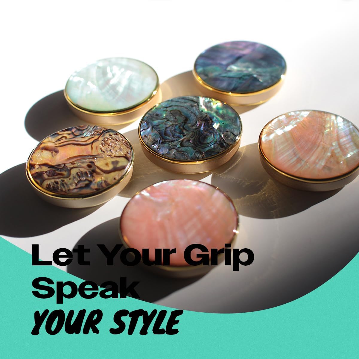 On The Grip Universal Phone Grip & Stand, Genuine Natural Gemstone/Seashell, Strong Adhesive Finger Holder, Collapsible Socket for iPhone, Samsung Galaxy, Kindle and Tablets (Peach)