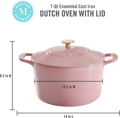 Gatwick 7-Quart Enamel Cast Iron Dutch Oven Pot with Lid – Pink – Heavy-Duty Dutch Oven for Slow Cooking, Braising & Baking