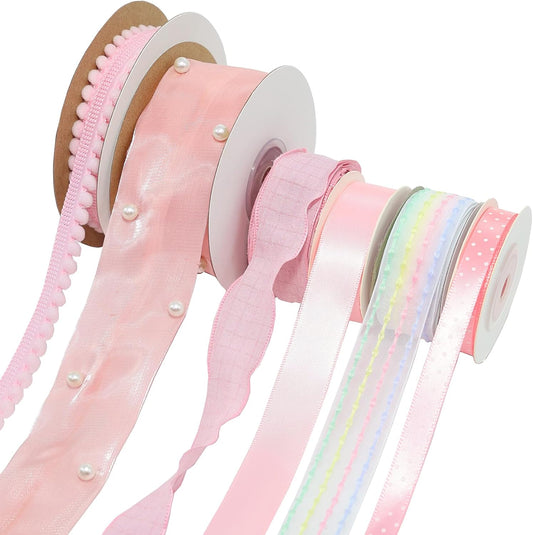 Pink Ribbon Gift Wrap Ribbons 6 Rolls Total 40 Yards Ribbons for Crafts,Wedding Party Decor,Ribbon for Flower Bouquet,Include Pom Pom Trim,Satin Ribbon,Organza Ribbon (Pink 6 Rolls Mix B)