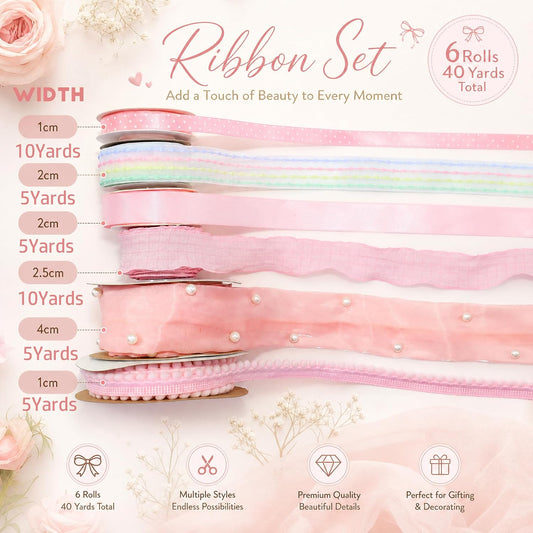 Pink Ribbon Gift Wrap Ribbons 6 Rolls Total 40 Yards Ribbons for Crafts,Wedding Party Decor,Ribbon for Flower Bouquet,Include Pom Pom Trim,Satin Ribbon,Organza Ribbon (Pink 6 Rolls Mix B)