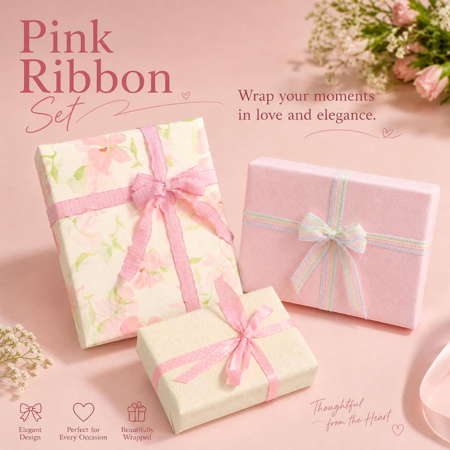Pink Ribbon Gift Wrap Ribbons 6 Rolls Total 40 Yards Ribbons for Crafts,Wedding Party Decor,Ribbon for Flower Bouquet,Include Pom Pom Trim,Satin Ribbon,Organza Ribbon (Pink 6 Rolls Mix B)