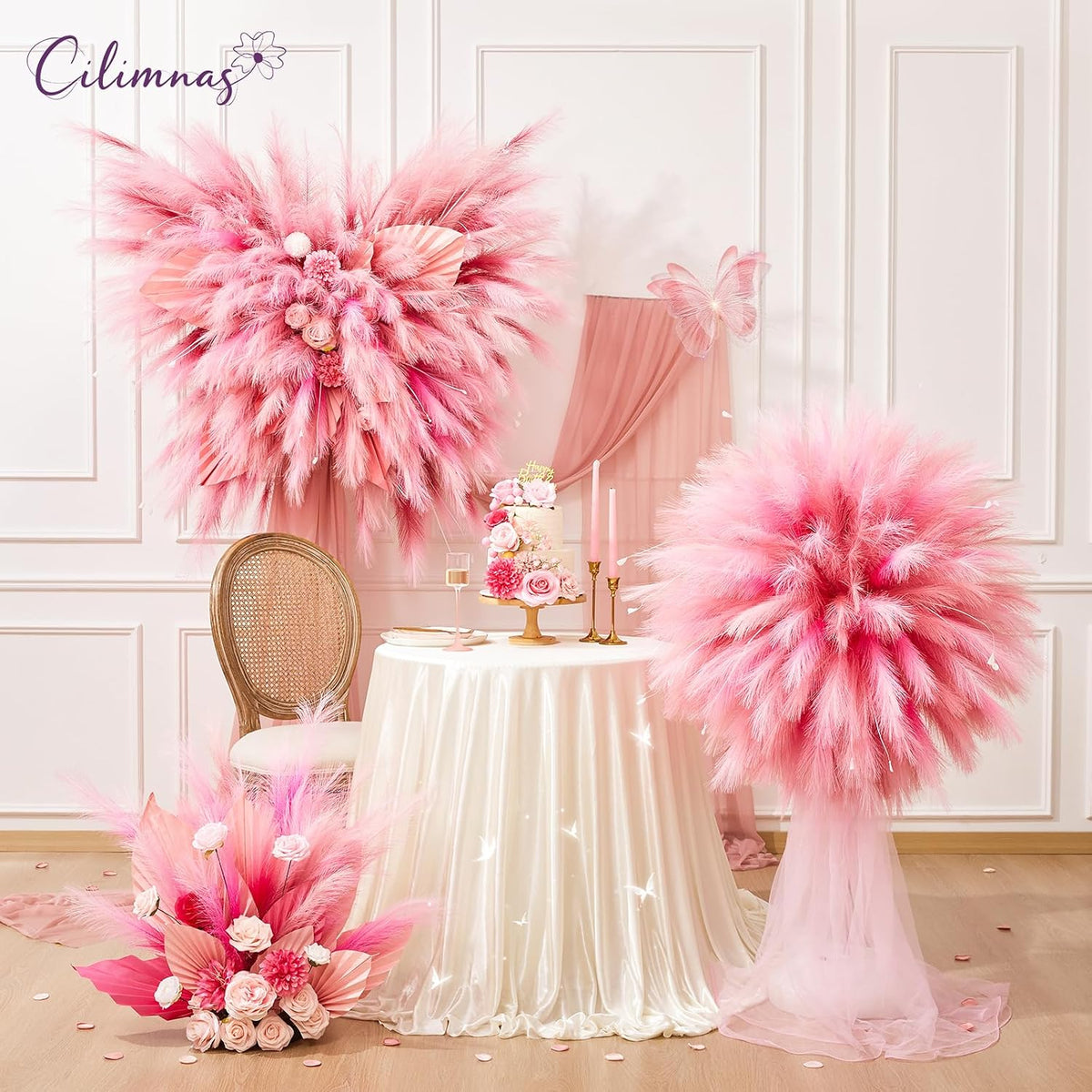 50pcs Faux Pampas Grass,17.7" Artificial Fluffy Pampas Grass Decor Short Fake Pompos for Home Room Birthday Party Centerpieces Decoration(Gridient Pink)