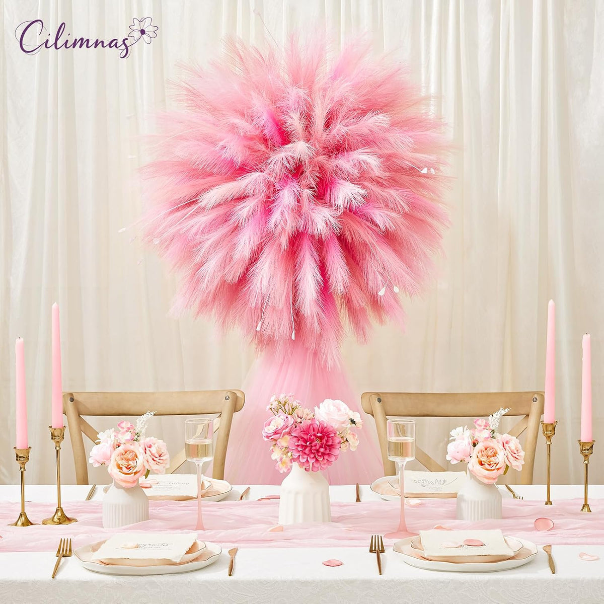 50pcs Faux Pampas Grass,17.7" Artificial Fluffy Pampas Grass Decor Short Fake Pompos for Home Room Birthday Party Centerpieces Decoration(Gridient Pink)