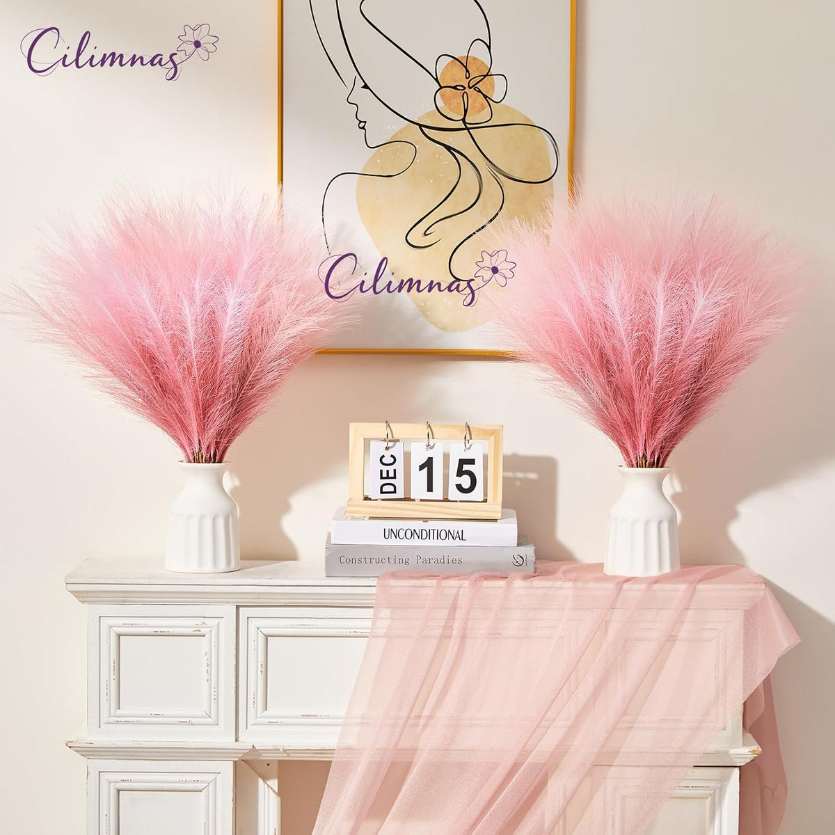 50pcs Faux Pampas Grass,17.7" Artificial Fluffy Pampas Grass Decor Short Fake Pompos for Home Room Birthday Party Centerpieces Decoration(Gridient Pink)
